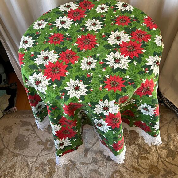 MCM Christmas poinsettia 66" round tablecloth w fringe vintage linens classic - Picture 2 of 5